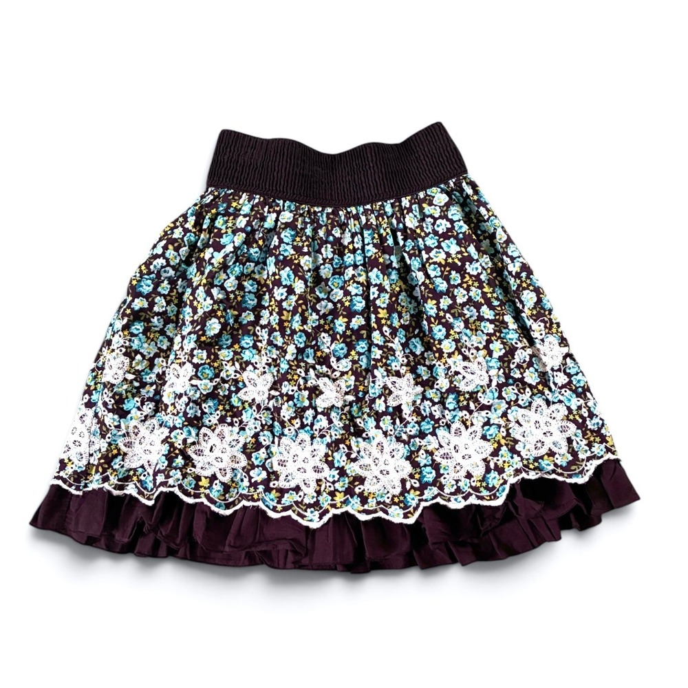 Y2K Prairiecore Floral Mini Skirt Blue S Brown‎ Ruffle Hem All Cotton